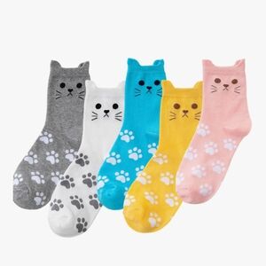 Cat Paw Print Socks Set - Gray, White, Blue, Yellow, Pink